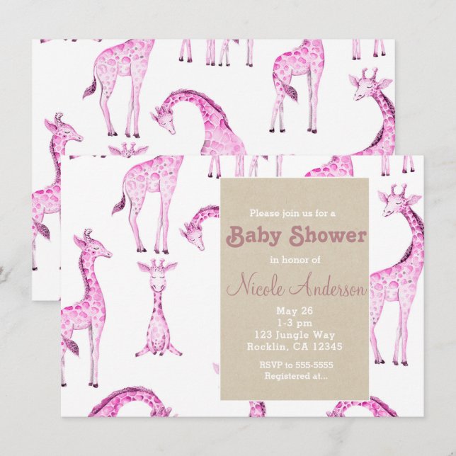 Rosa Giraffes & Kraft Safari Whimsical Baby Shower Inbjudningar (Fram/baksida)