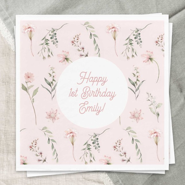 Rosa Girl 1:a Birthday Wildblomma and Greenery Pappersservett (Watercolor Wildflower, Pink baby Girl 1st BIrthday paper napkins.)