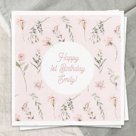 Rosa Girl 1:a Birthday Wildblomma and Greenery Pappersservett