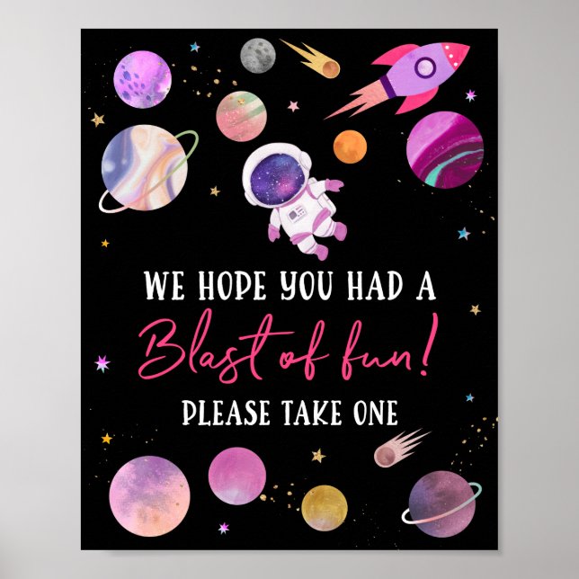 Rosa Girl Astronaut Blast of Roligt Birthday Favor Poster (Framsidan)