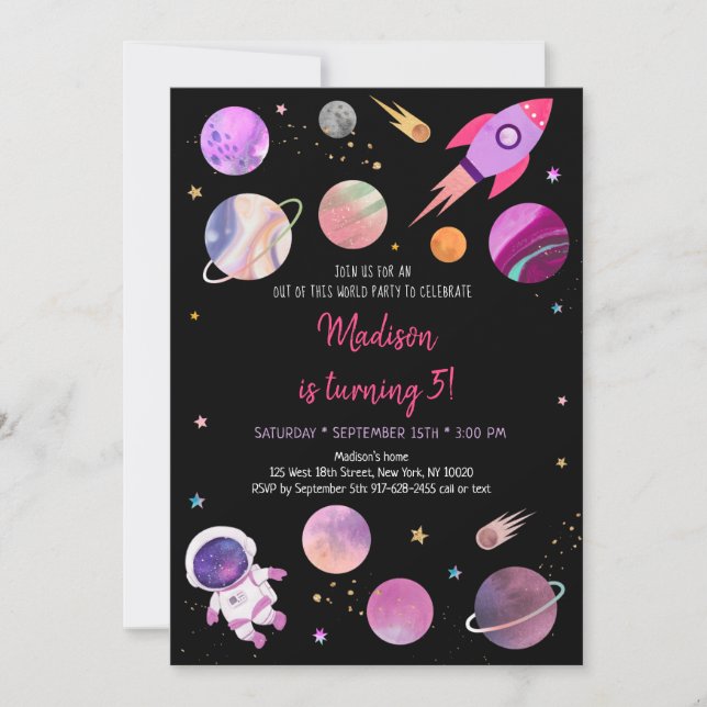 Rosa Girl Astronaut Rymden Birthday Inbjudningar (Framsida)