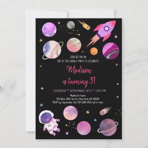 Rosa Girl Astronaut Rymden Birthday Inbjudningar