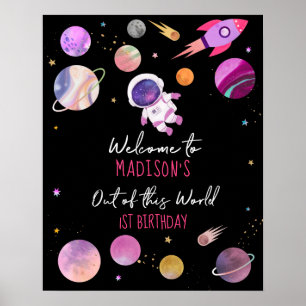 Rosa Girl Astronaut Rymden Birthday Välkommen Poster