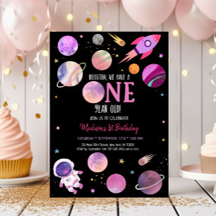 Rosa Girl Astronaut Rymden First Birthday Inbjudningar