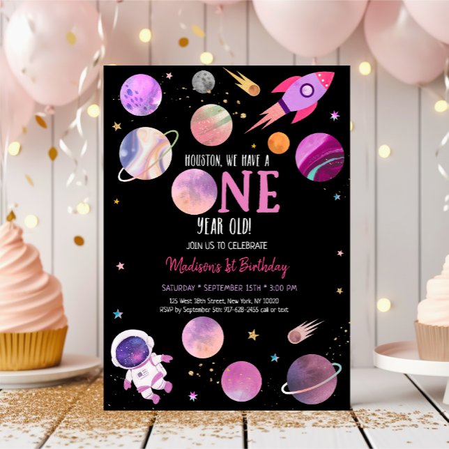 Rosa Girl Astronaut Rymden First Birthday Inbjudningar (Skapare uppladdad)