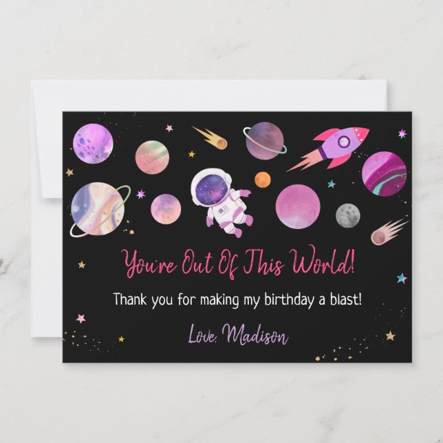 Rosa Girl Astronaut Rymden First Birthday Tack Kort (Framsida)