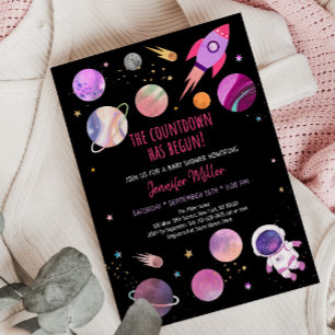 Rosa Girl Astronaut Space Baby Shower Inbjudningar