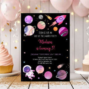 Rosa Girl Astronaut Space Birthday Inbjudningar