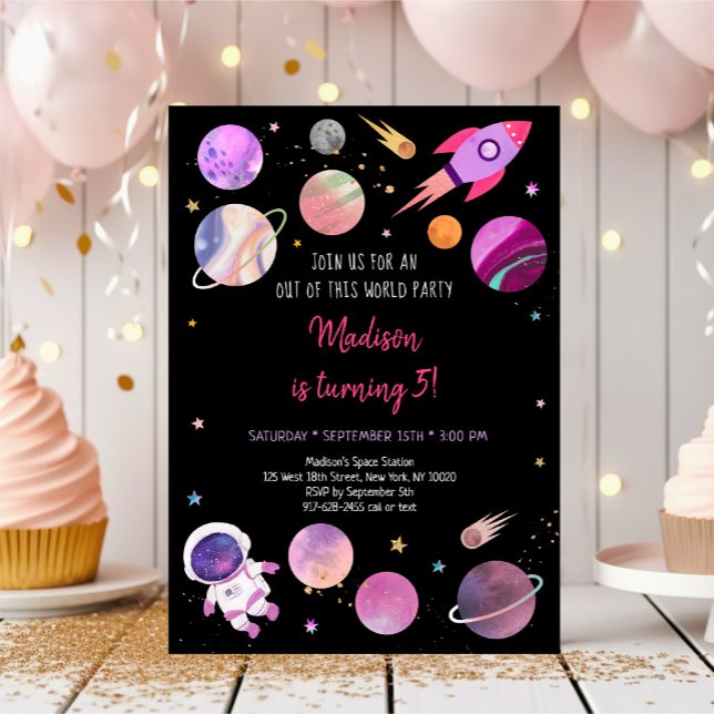 Rosa Girl Astronaut Space Birthday Inbjudningar (Skapare uppladdad)