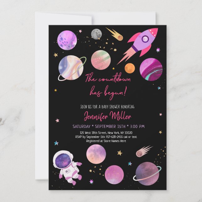 Rosa Girl Astronaut Space Countdown Baby Shower Inbjudningar (Framsida)
