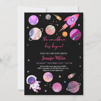 Rosa Girl Astronaut Space Countdown Baby Shower Inbjudningar
