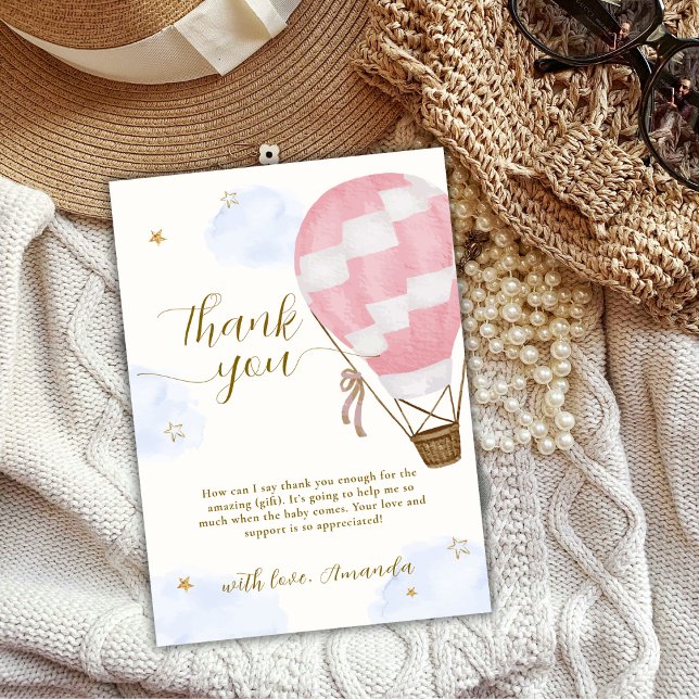Rosa Girl Äventyr Luftballong Baby Shower Tack Kort (Pink Girl Adventure Hot Air Balloon Baby Shower Thank You Card)