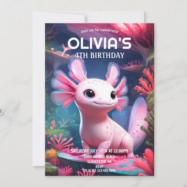 Rosa Girl Axolotl Birthday Inbjudningar (Framsida)