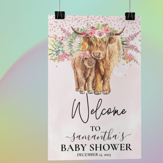 Rosa Girl Baby Highland Cow Calf Baby Shower Poster (Skapare uppladdad)
