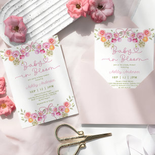 Rosa Girl Baby i Bloom Bow Baby Shower Inbjudningar