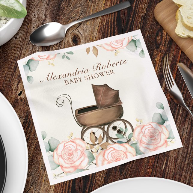Rosa Girl Baby Shower Blommigt Anpassningsbar Pappersservett (Blush pink vintage floral baby carriage custom paper napkin.)