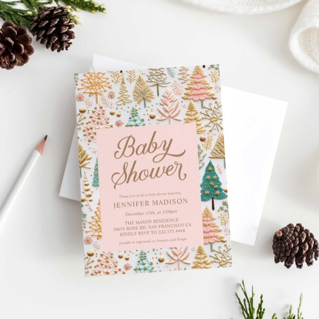 Rosa Girl Baby Shower Inbjudningar (Winter Holiday Girl Baby Shower Invitation)