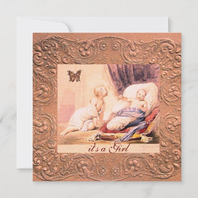 ROSA GIRL BABY SHOWER MED BUTTERFLY Champagne Inbjudningar (Framsida)