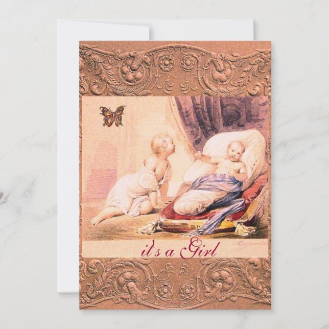 ROSA GIRL BABY SHOWER MED BUTTERFLY Champagne Inbjudningar (Framsida)