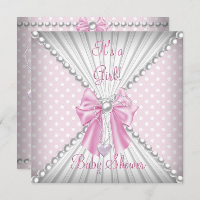 Rosa Girl Baby Shower Pearl Polka dots Inbjudningar (Fram/baksida)