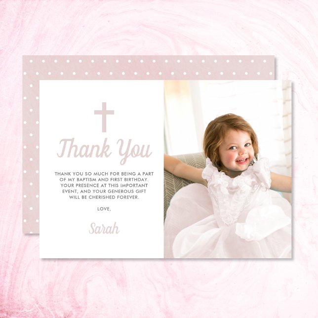 Rosa Girl Baptism First Birthday Photo Tack Kort (Thank your family and friends for attending your daughter's baptism with this photo thank you card.)