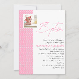 Rosa Girl Baptism Inbjudan med Photo & Polka dots