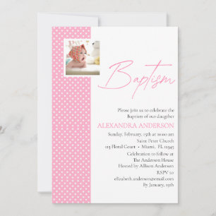 Rosa Girl Baptism Inbjudan med Photo & Polka dots