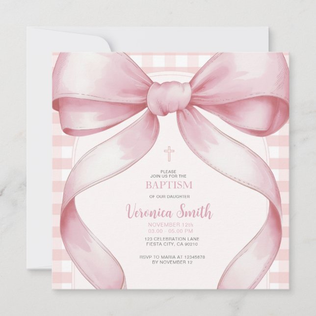  Rosa Girl BaptismBow Pearl Necklace Inbjudningar (Framsida)