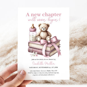 Rosa Girl Bear Baby Shower New Chapter Begins Inbjudningar