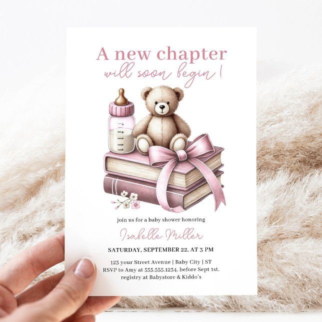 Rosa Girl Bear Baby Shower New Chapter Begins Inbjudningar (Skapare uppladdad)