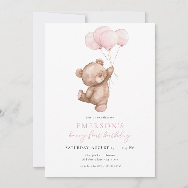 Rosa Girl Beary First Birthday-inbjudan Inbjudningar (Framsida)
