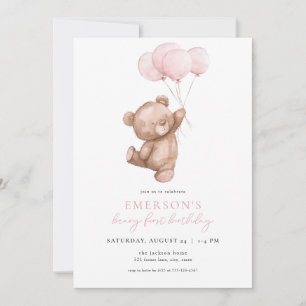 Rosa Girl Beary First Birthday-inbjudan Inbjudningar