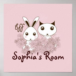 Rosa Girl BFF Cute Tecknad Kitten och Bunny Kids Poster