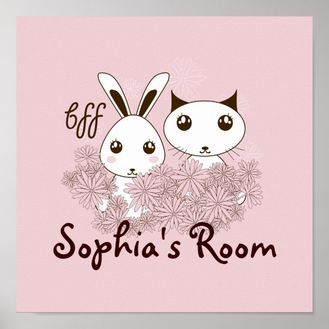 Rosa Girl BFF Cute Tecknad Kitten och Bunny Kids Poster (Framsidan)
