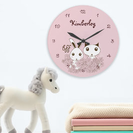 Rosa Girl BFF Cute Tecknad Kitten och Bunny Kids Stor Klocka