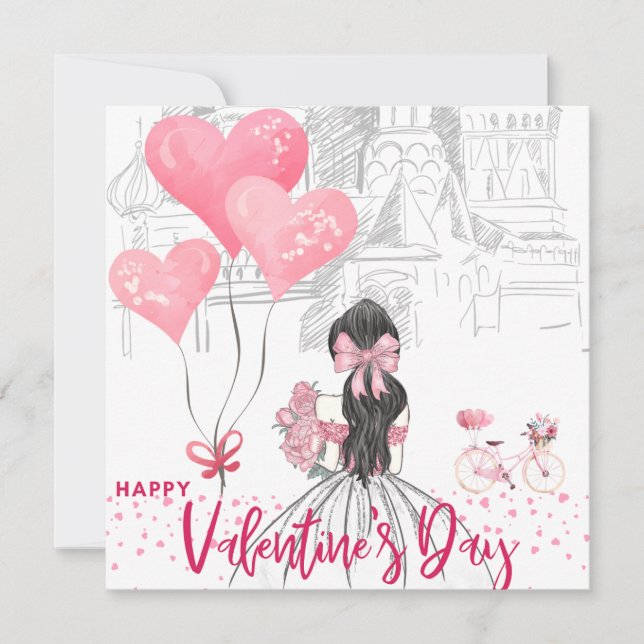 Rosa Girl/Bike Balloon/Valentines day Card (Framsida)
