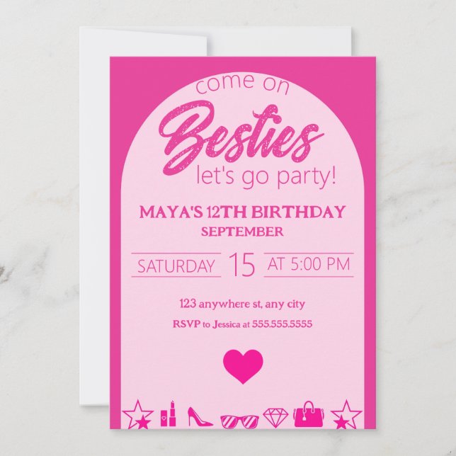 Rosa Girl Birthday, Rosa Besties Party Birthday Inbjudningar (Framsida)