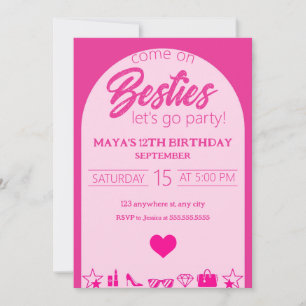 Rosa Girl Birthday, Rosa Besties Party Birthday Inbjudningar