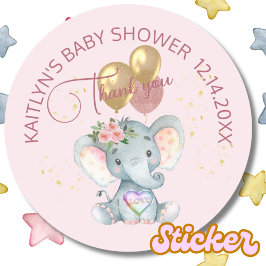 Rosa Girl Blommigt Elephant Baby Shower Tack Runt Klistermärke