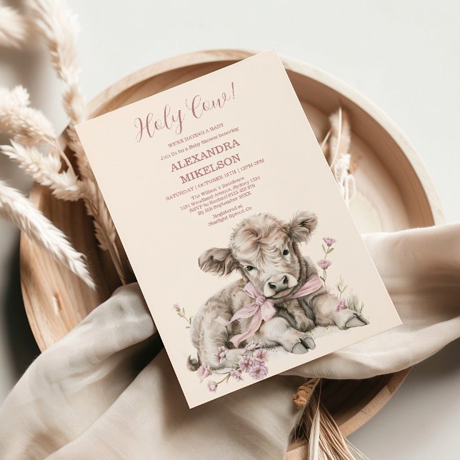 Rosa Girl Blommigt Highland Cow Baby Shower Inbjudningar (Skapare uppladdad)