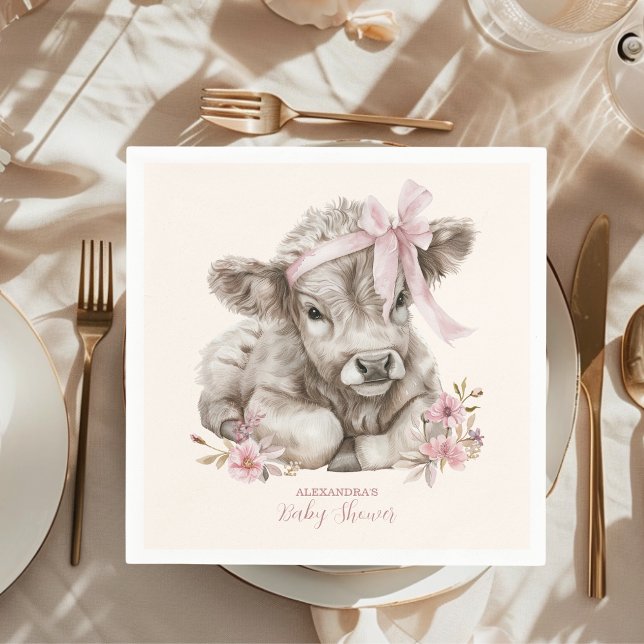 Rosa Girl Blommigt Highland Cow Baby Shower Pappersservett (Skapare uppladdad)