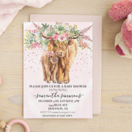 Rosa Girl Blommigt Highland Cow Calf Baby Shower Inbjudningar