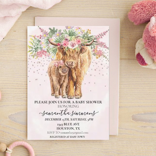 Rosa Girl Blommigt Highland Cow Calf Baby Shower Inbjudningar (Skapare uppladdad)