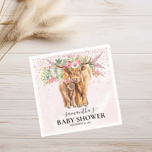 Rosa Girl Blommigt Highland Cow Calf Baby Shower Pappersservett