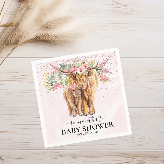 Rosa Girl Blommigt Highland Cow Calf Baby Shower Pappersservett (Skapare uppladdad)