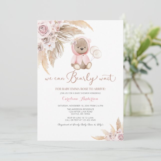 Rosa Girl Boho Bear Baby Shower-inbjudan Inbjudningar (Stående Fram)