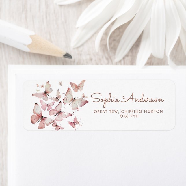 Rosa Girl Butterfly Baby Shower Returadress Etikett (Insitu)