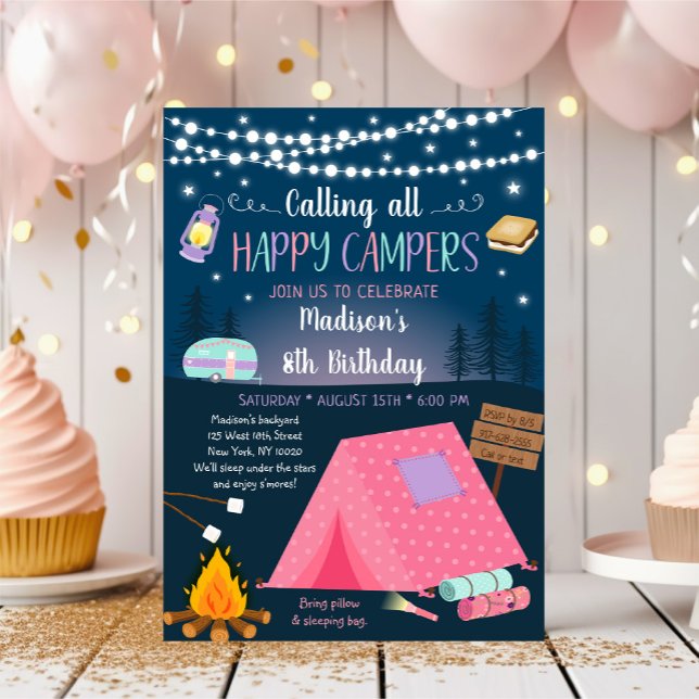 Rosa Girl Camping S'mores Sleepover Birthday Inbjudningar (Skapare uppladdad)