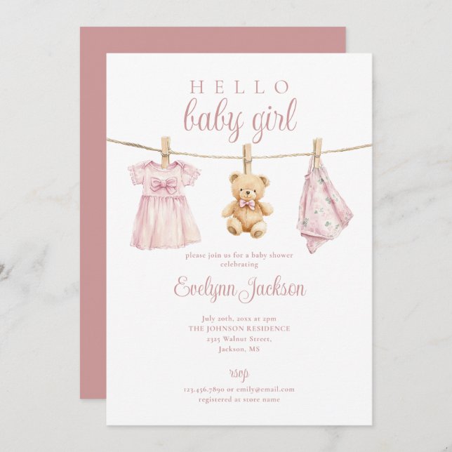 Rosa Girl Clothesline Baby Shower allt i ett Inbjudningar (Fram/baksida)