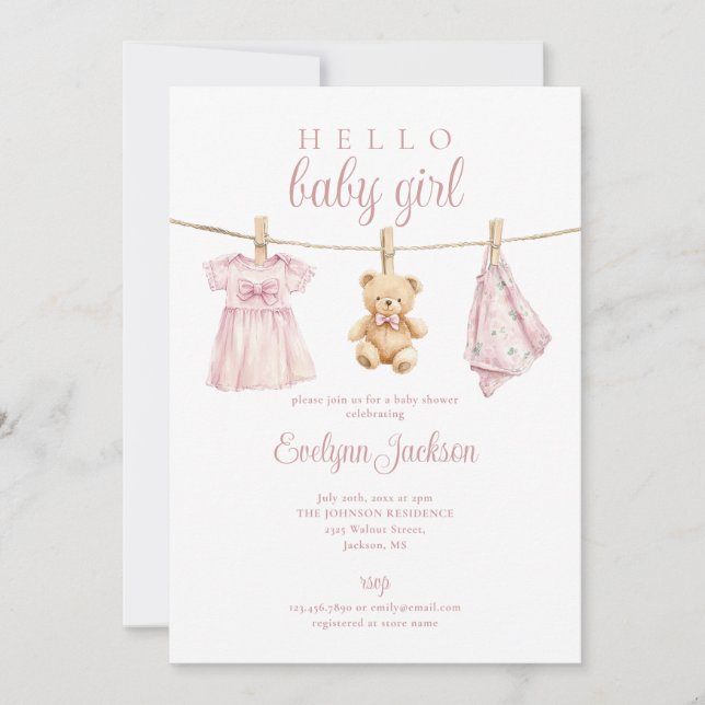 Rosa Girl Clothesline Baby Shower Photo QR-kod Inbjudningar (Framsida)